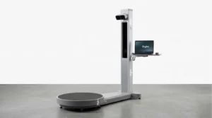 Front view of the Styku 3D body composition scanner with automated rotating platform for weight loss and wellness progress tracking