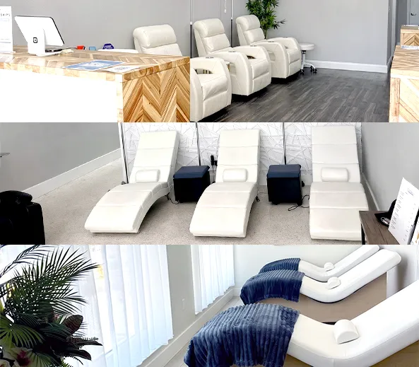Modern IV lounge treatment rooms at Vitality Infusions featuring heated massage chairs and a relaxing wellness environment for IV hydration therapy.